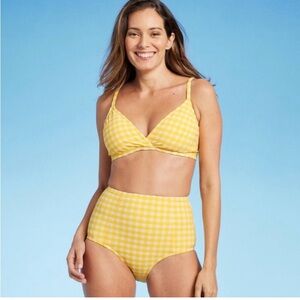 Kona sol swim Yellow textured Gingham Women's high waisted Bikini Set size M EUC